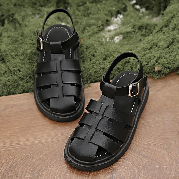Woven Solid Color Hollow Out T-Strap Buckle Round Toe Sandals