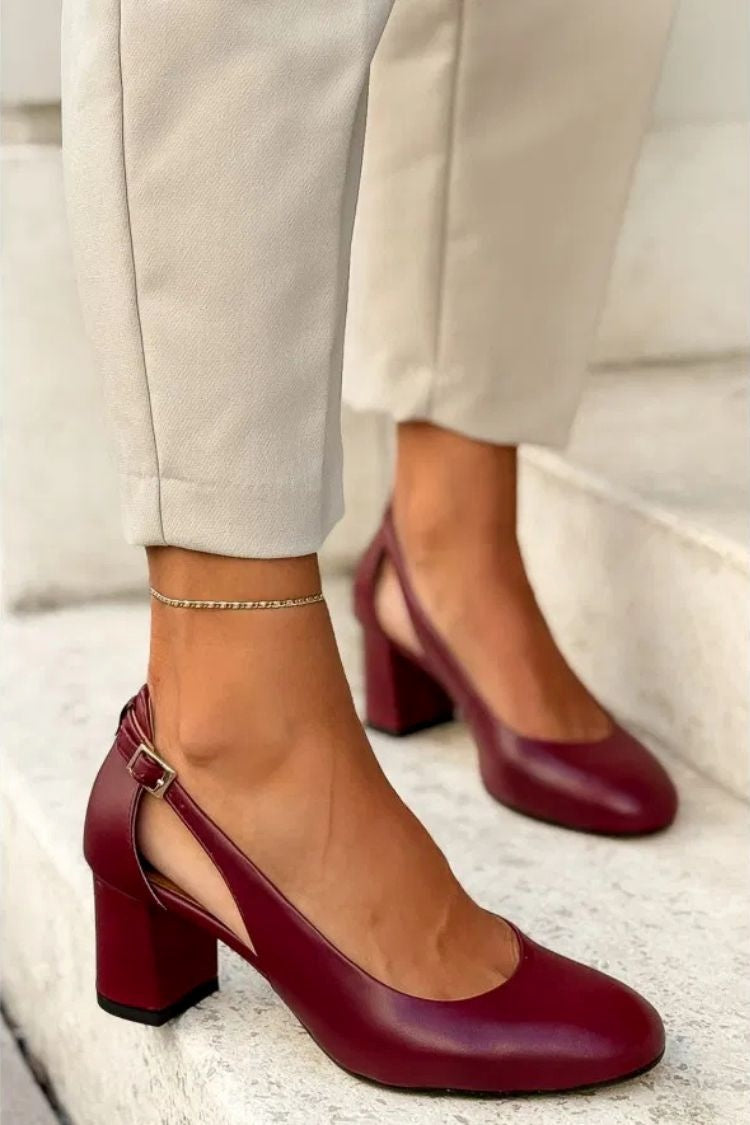 Solid Color Round Toe Ankle Strap Block Heel Pumps [Pre Order]