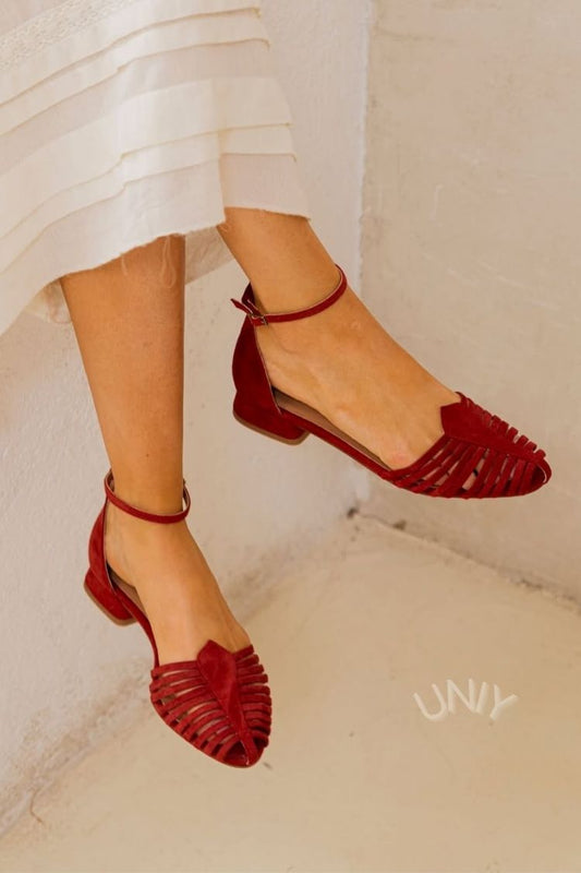 Burgundy Faux Suede Strappy Caged Ankle Strap Flats [Pre Order]