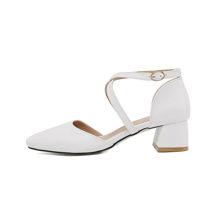 Scarpe con tacco grosso, punta quadrata, fibbia e cinturino incrociato, tinta unita