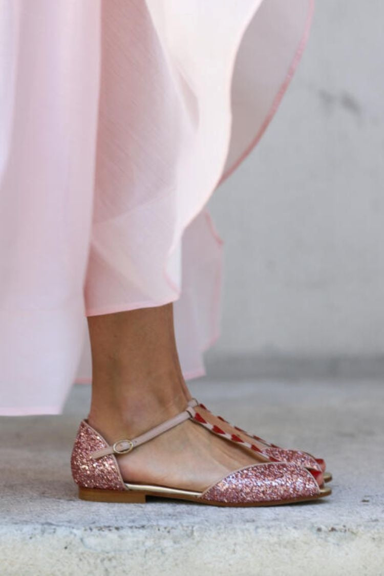 Pink Glitter Peep Toe T-Strap Red Heart Summer Sandals [Pre Order]