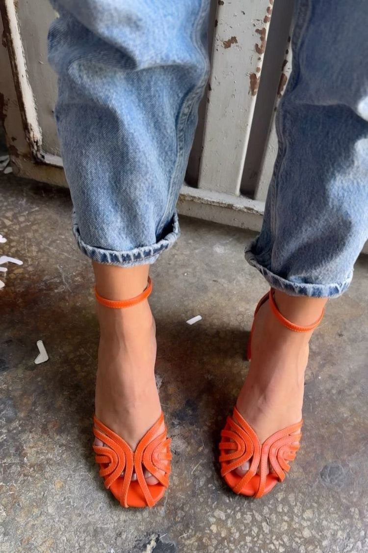 Solid Color Round Toe Hollow Ankle Strap Orange Block Heels Sandals [Pre Order]