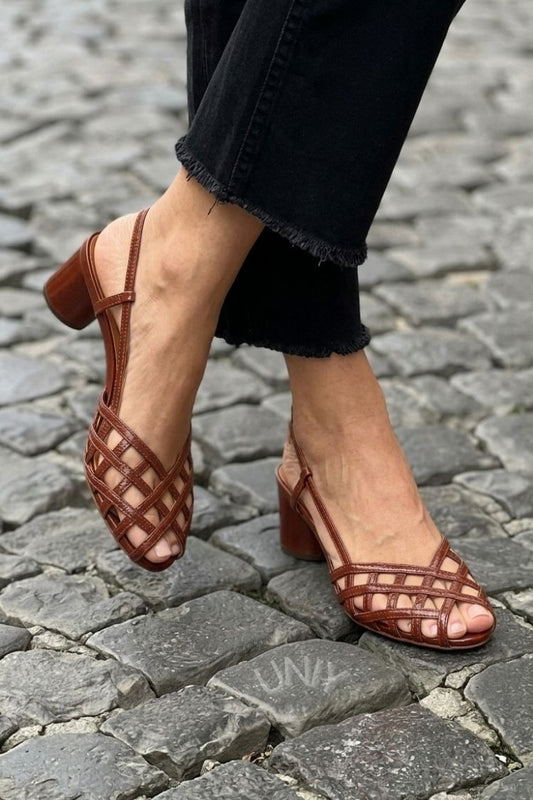 Brown Leather Woven Caged Slingback Block Heels [Pre Order]