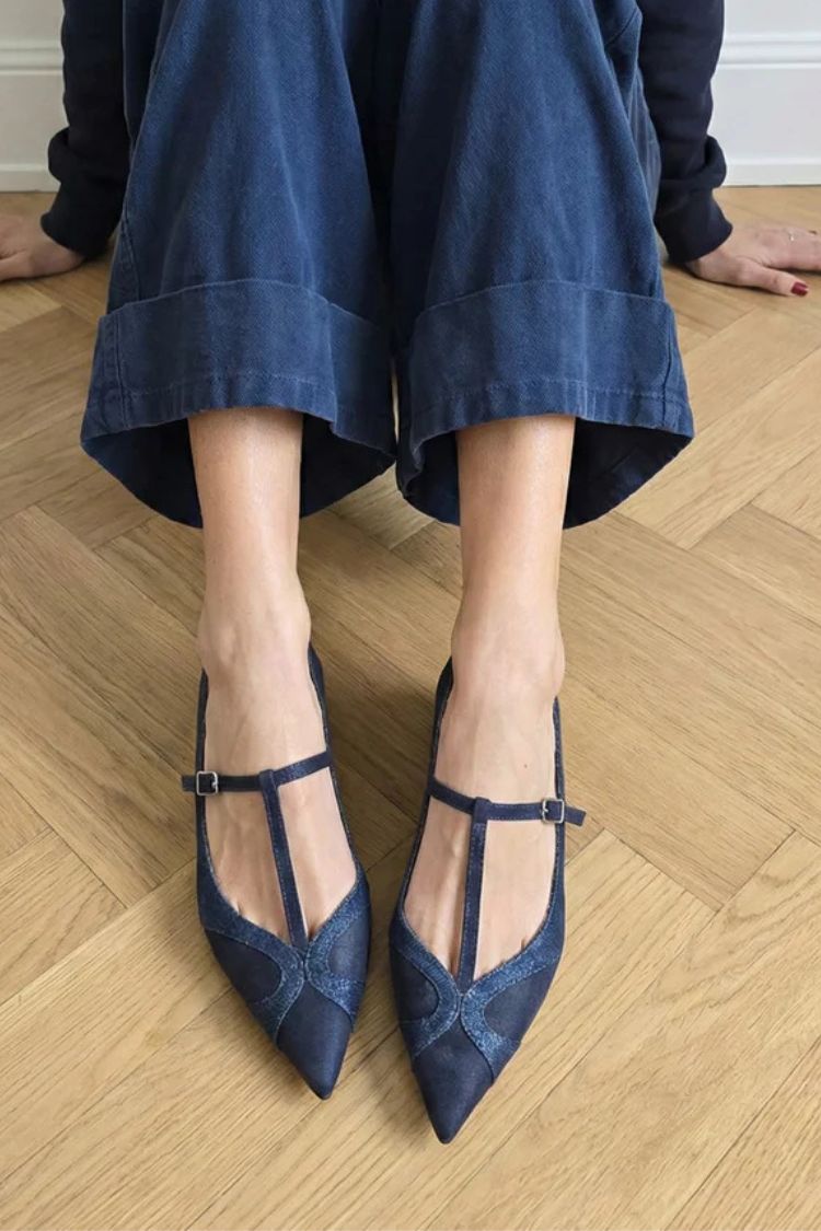 Retro Navy Blue Faux Suede Pointed Toe T-Strap Flats [Pre Order]