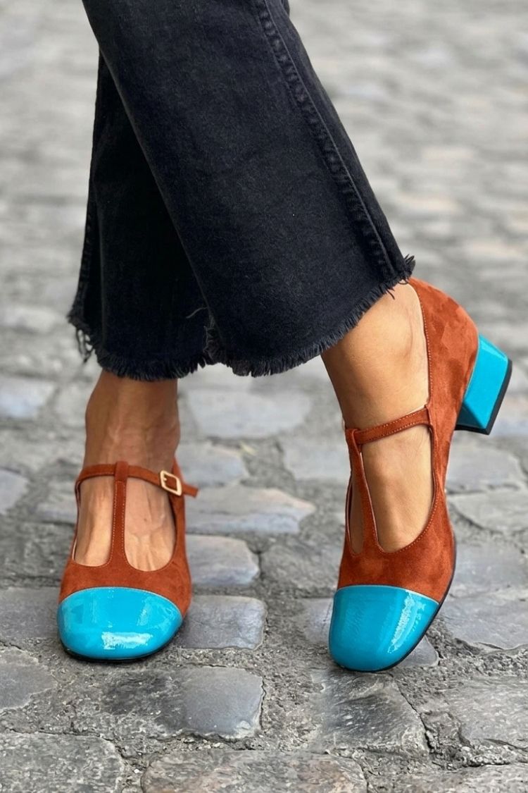Colorblock T-Strap Buckle Round Toe Purple Chunky Heels