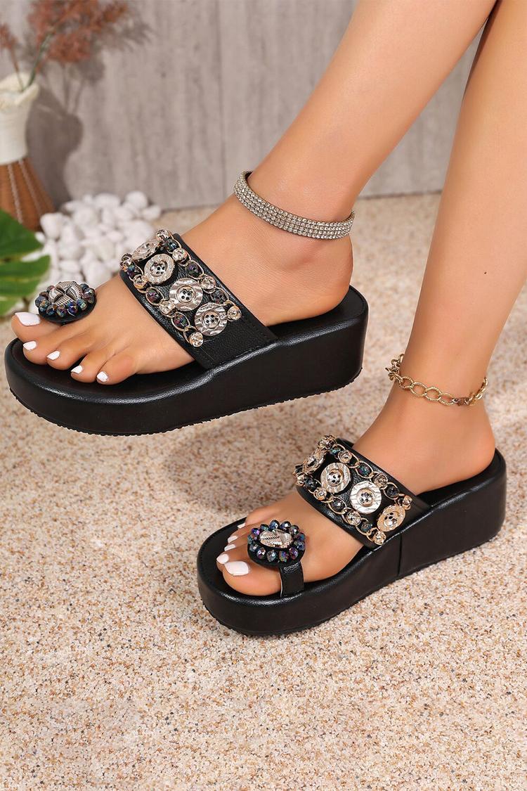 Ciabatte da spiaggia casual con zeppa, con perline metalliche lucide e decorazioni ad anello per le dita dei piedi