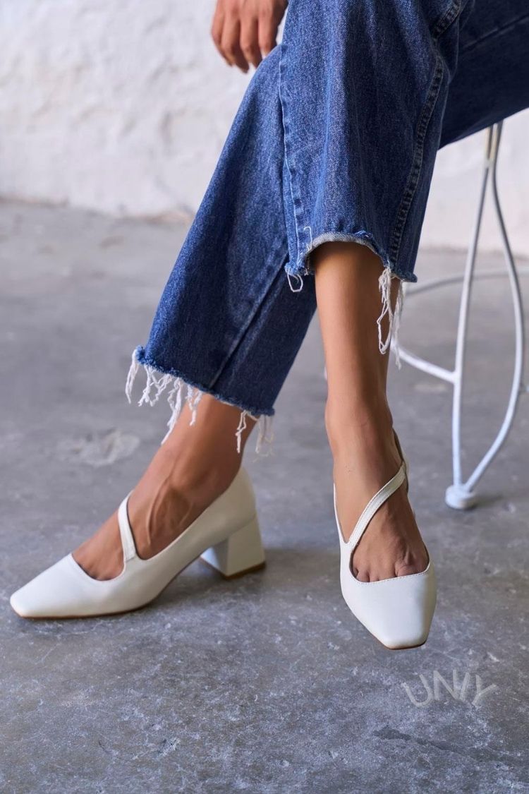 Minimalist Off-White Square Toe Asymmetric Strap Block Heels [Pre Order]