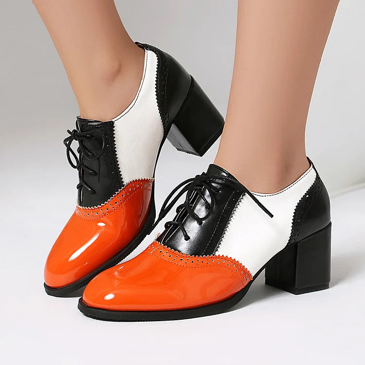 Lace Up Colorblock Round Toe Chunky Heel Brogue Oxfords