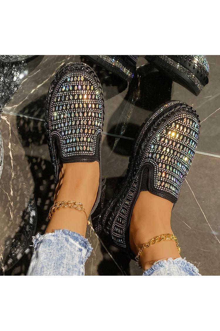 Strassverzierung Steppdetail Rundzehen Freizeit Plateau Loafers