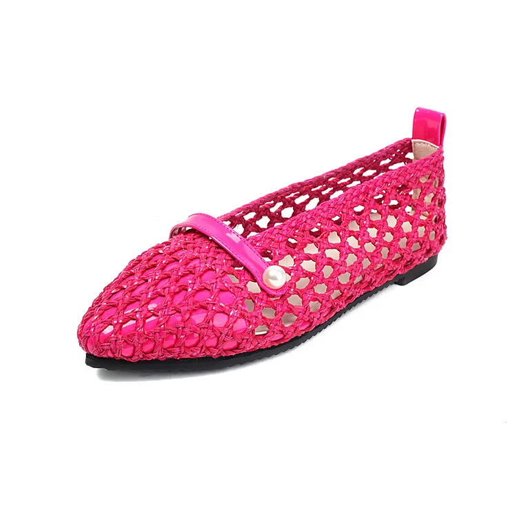 Patchwork Hollow Out Fishnet Instep Strap Pointed Toe Flats