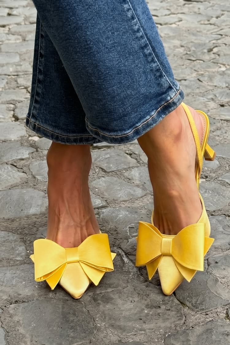 Satin Bow Pointed Toe Slingback Yellow Kitten Heels [Pre Order]