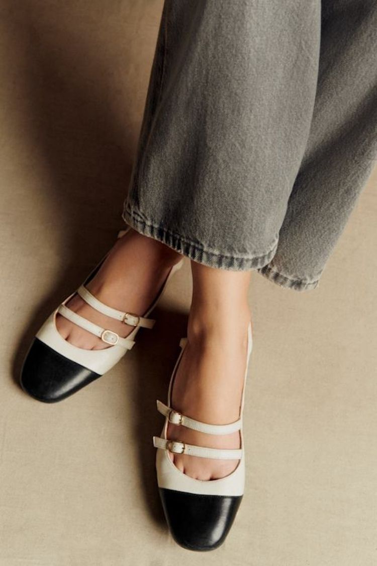 Dwukolorowe skórzane baleriny Mary Jane z podwójnym paskiem i czubkiem w stylu cap toe [Przedsprzedaż]