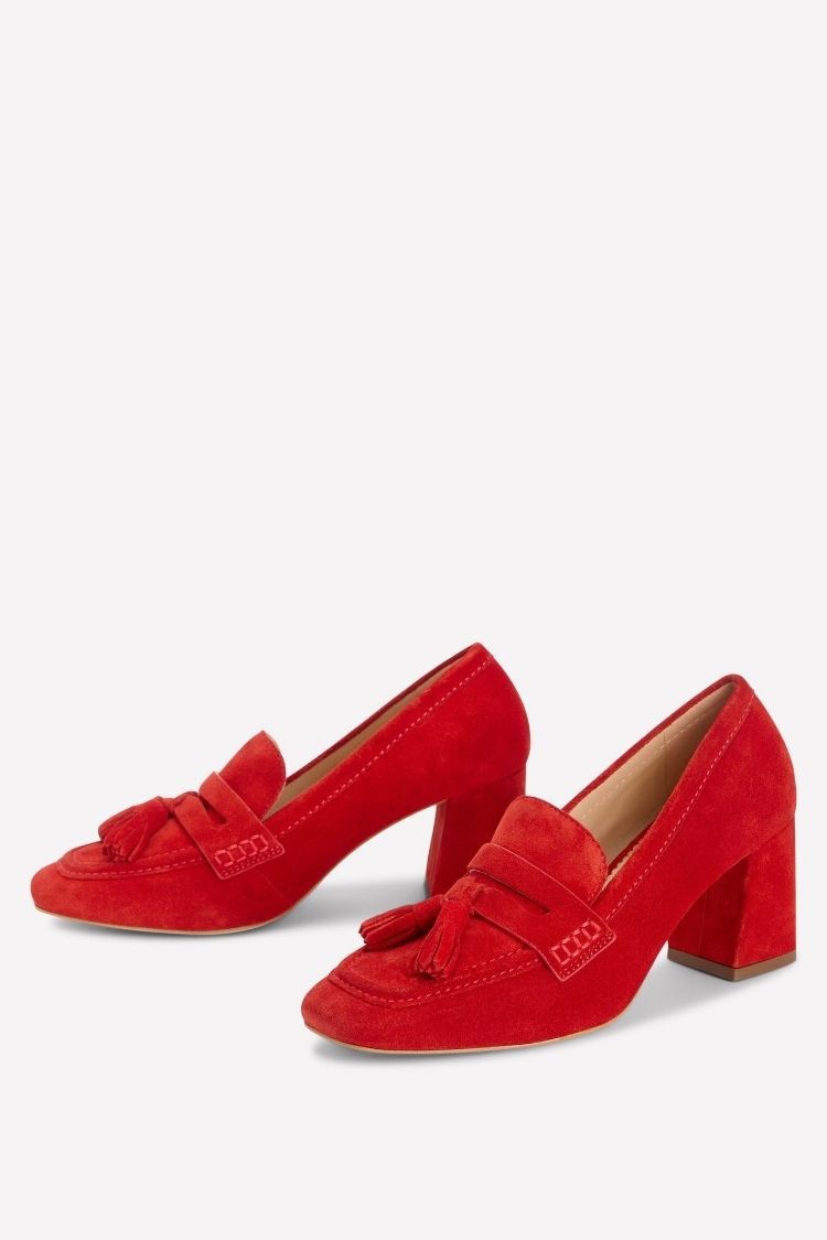 Scarpe con tacco a blocco in pelle scamosciata rossa con nappe [Pre-ordine] 