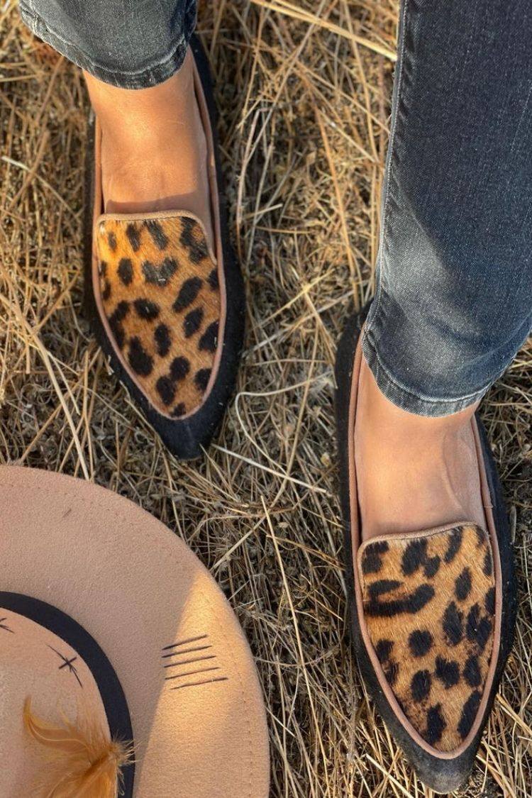 Zapatos planos puntiagudos de ante con estampado de leopardo y ribete negro [Reserva]