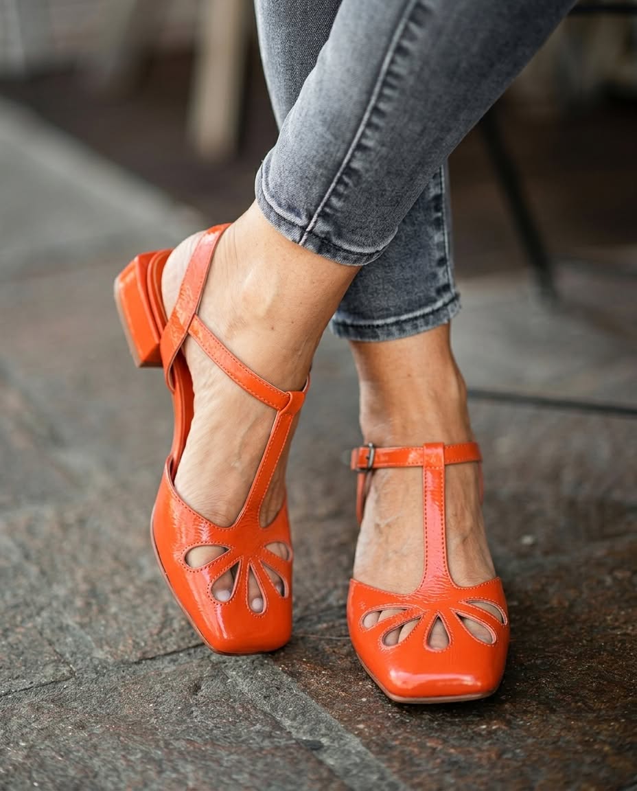 Floral Cutout Square Toe T-Strap Orange Block Heels [Pre Order]