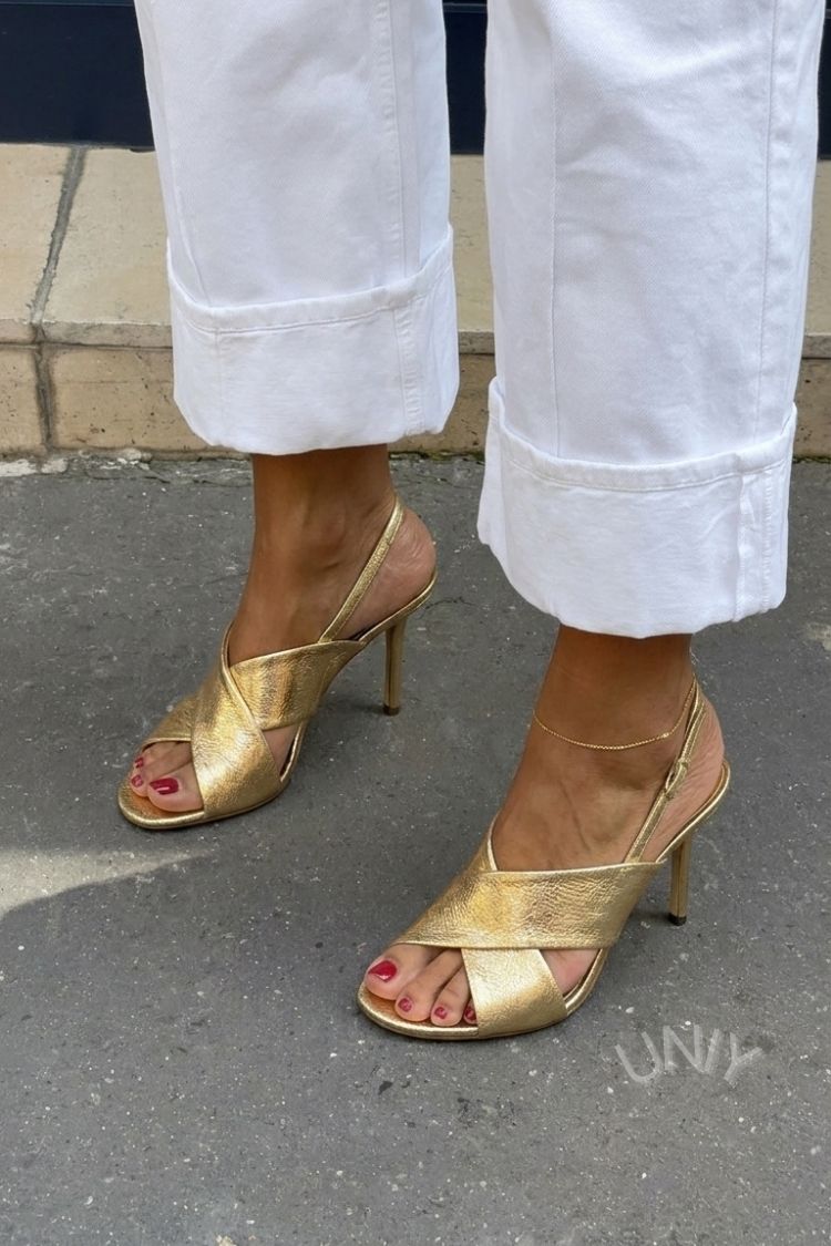 Guld metallic krydsrem slingback stiletto sandaler [Forudbestil]