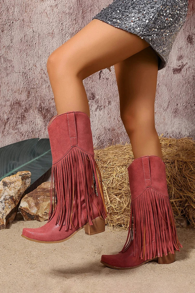 Fringed Trim Solid Color Pointed Toe Chunky Heel Mid Calf Boots