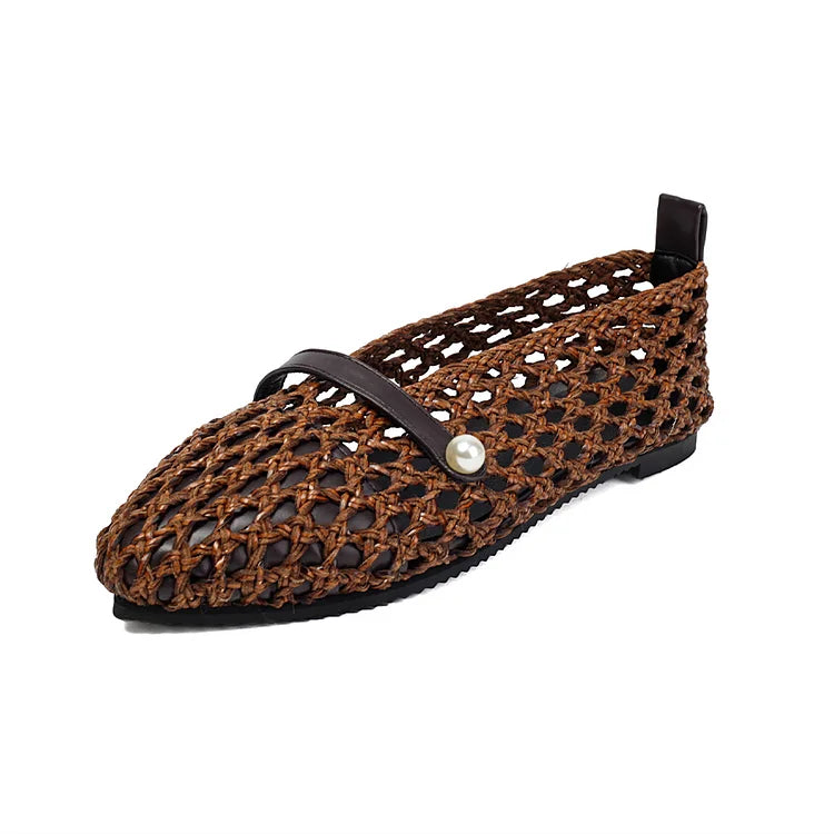 Patchwork Hollow Out Fishnet Instep Strap Pointed Toe Flats