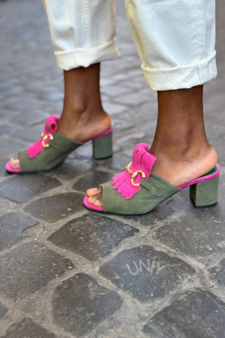 Chic Green Fuchsia Suede Horsebit Fringe Block Heel Mules [Pre Order]