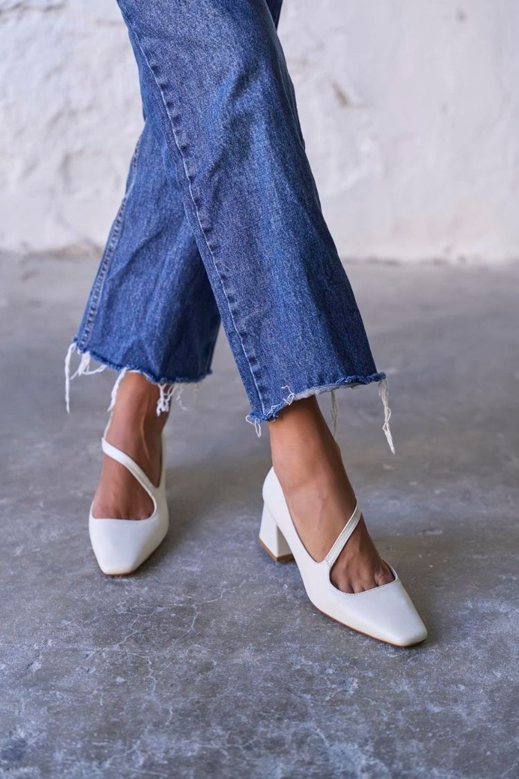 Minimalist Off-White Square Toe Asymmetric Strap Block Heels [Pre Order]