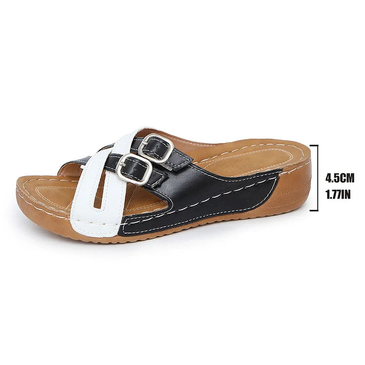 Colorblock Cross Straps Buckles Round Toe Casual Wedge Slippers