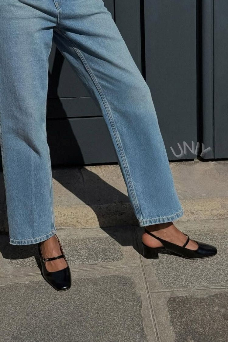 Black Square Toe Block Heel Mary Jane Slingback Pumps [Pre Order]
