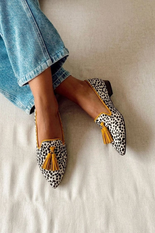 Black & White Spotted Yellow Tassel Pointed Toe Loafers [Pre Order]