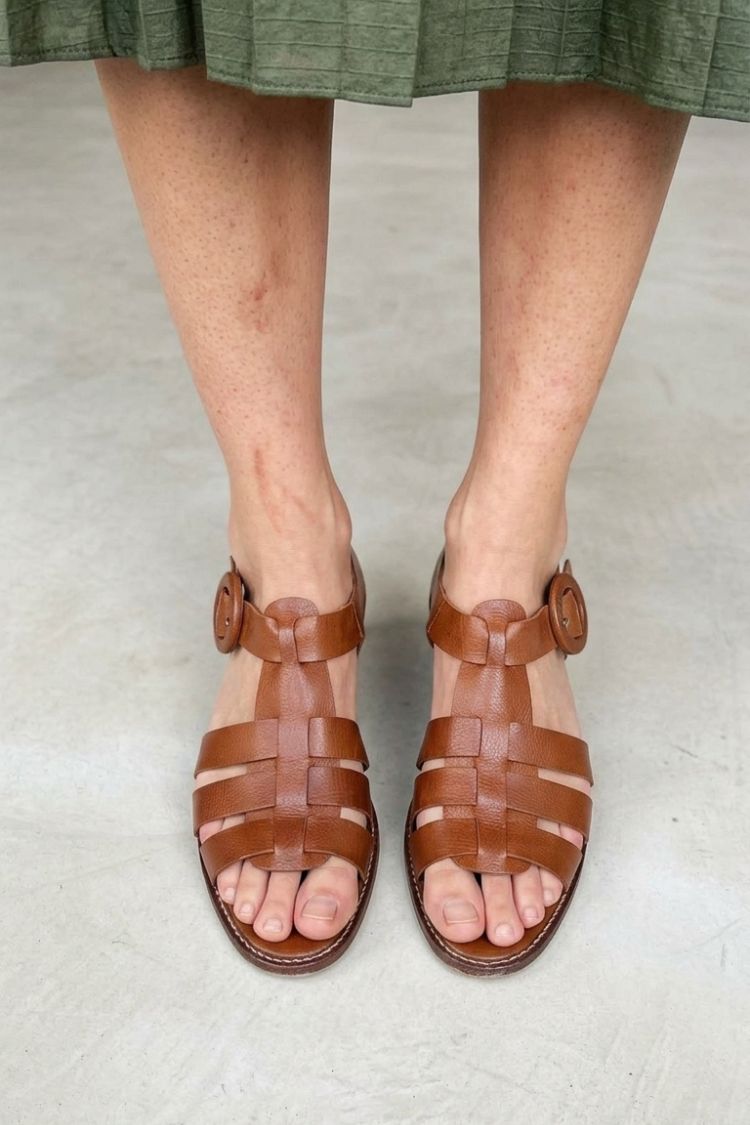 Retro bruine leren T-band gevlochten fisherman platte sandalen [Pre Order]