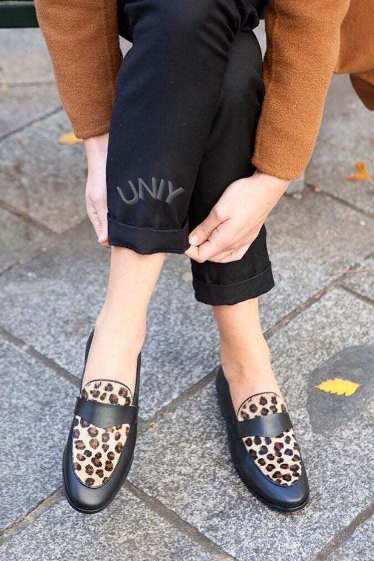 Mocasines de Penny de Pelo Sintético con Estampado de Leopardo Negro Elegante [Reserva]