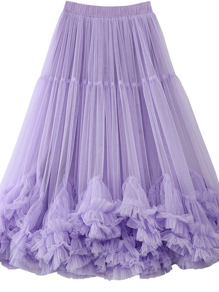 Elegant Tulle Stretch Waist Paneled Pleated Maxi Skirt