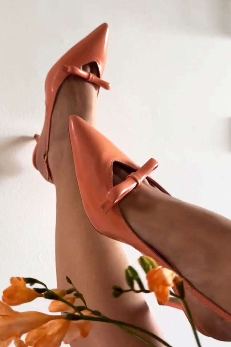 Pointed Toe Bow Detail Hollow Solid Color Slingback Mid Heels [Pre Order]