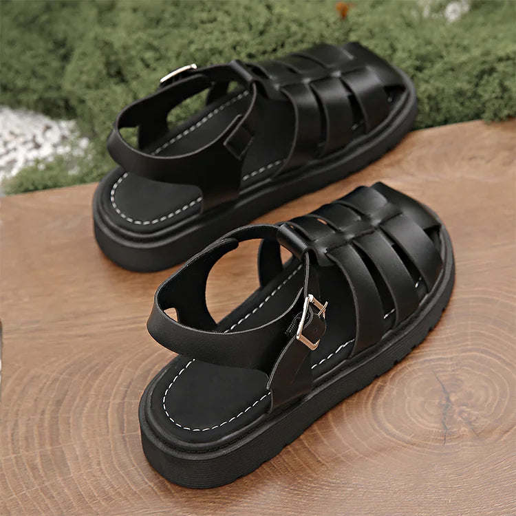 Woven Solid Color Hollow Out T-Strap Buckle Round Toe Sandals
