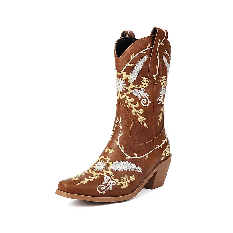 Botas vaqueras con tacón grueso y punta puntiaguda y parches con bordado floral