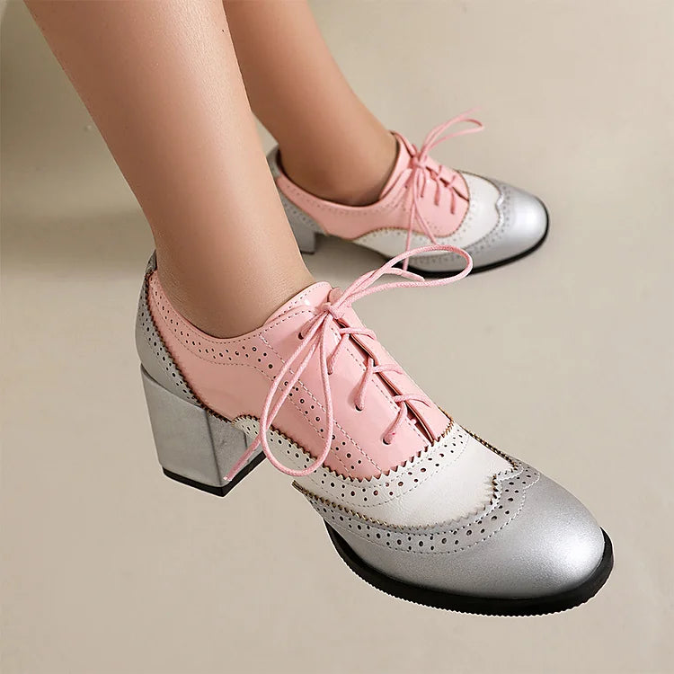 Scarpe Oxford Brogue con Tacco Grosso e Lacci, Punta Rotonda e Patchwork Color Block 