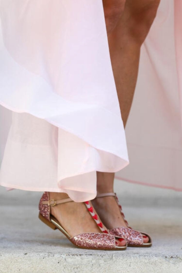 Pink Glitter Peep Toe T-Strap Red Heart Summer Sandals [Pre Order]