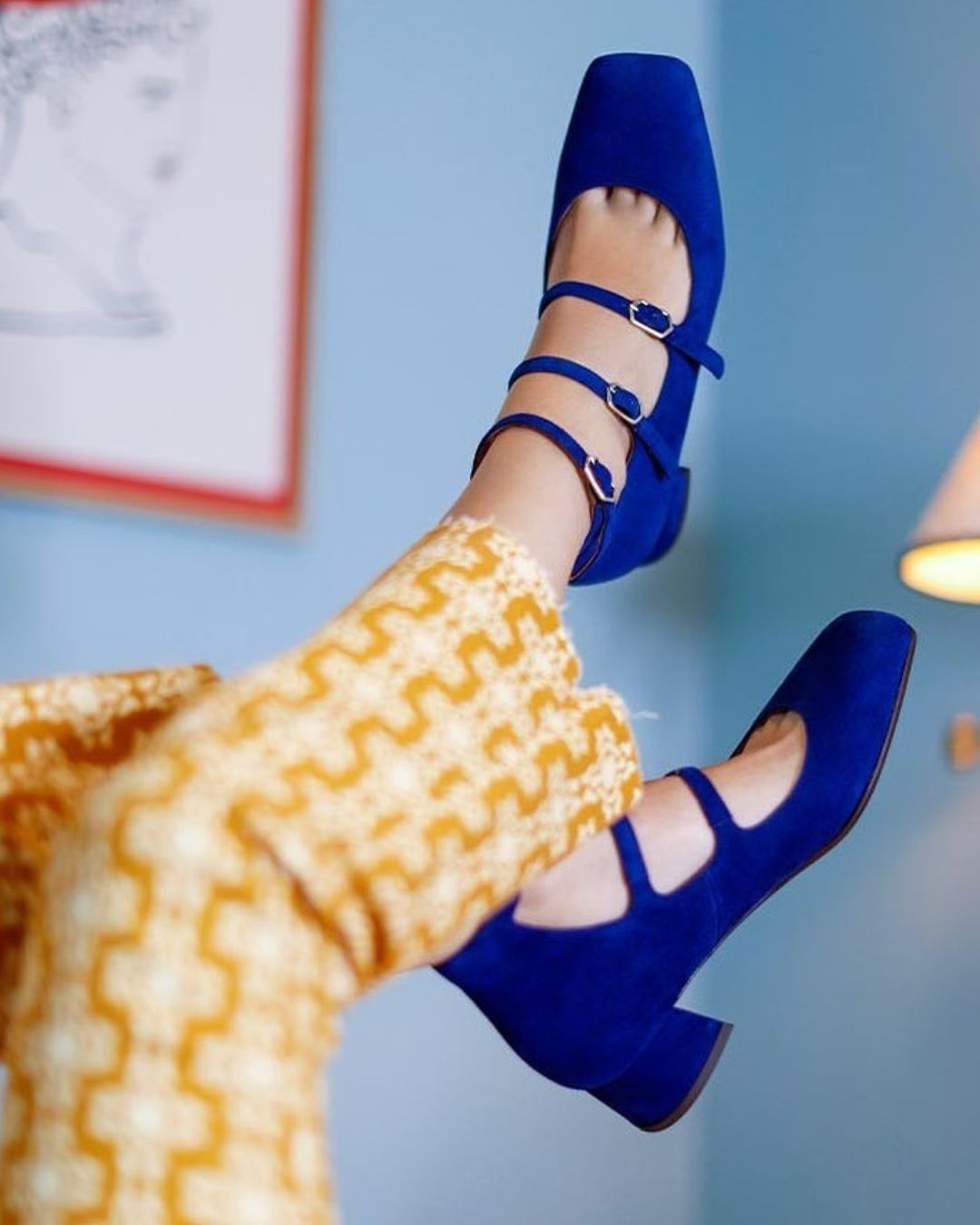 Scarpe con tacco a blocco e triplo cinturino con punta quadrata blu [Pre-ordine] 