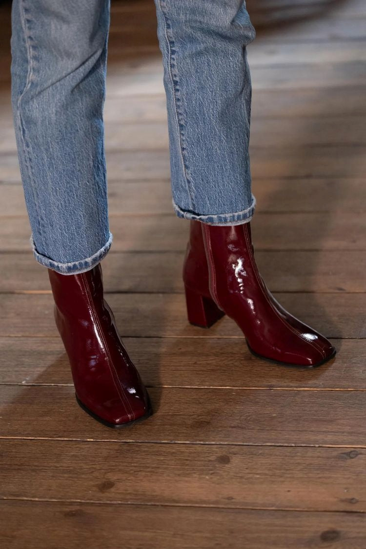 Square Toe Patchwork Patent Versatile Block Heel Ankle Boots [Pre Order]