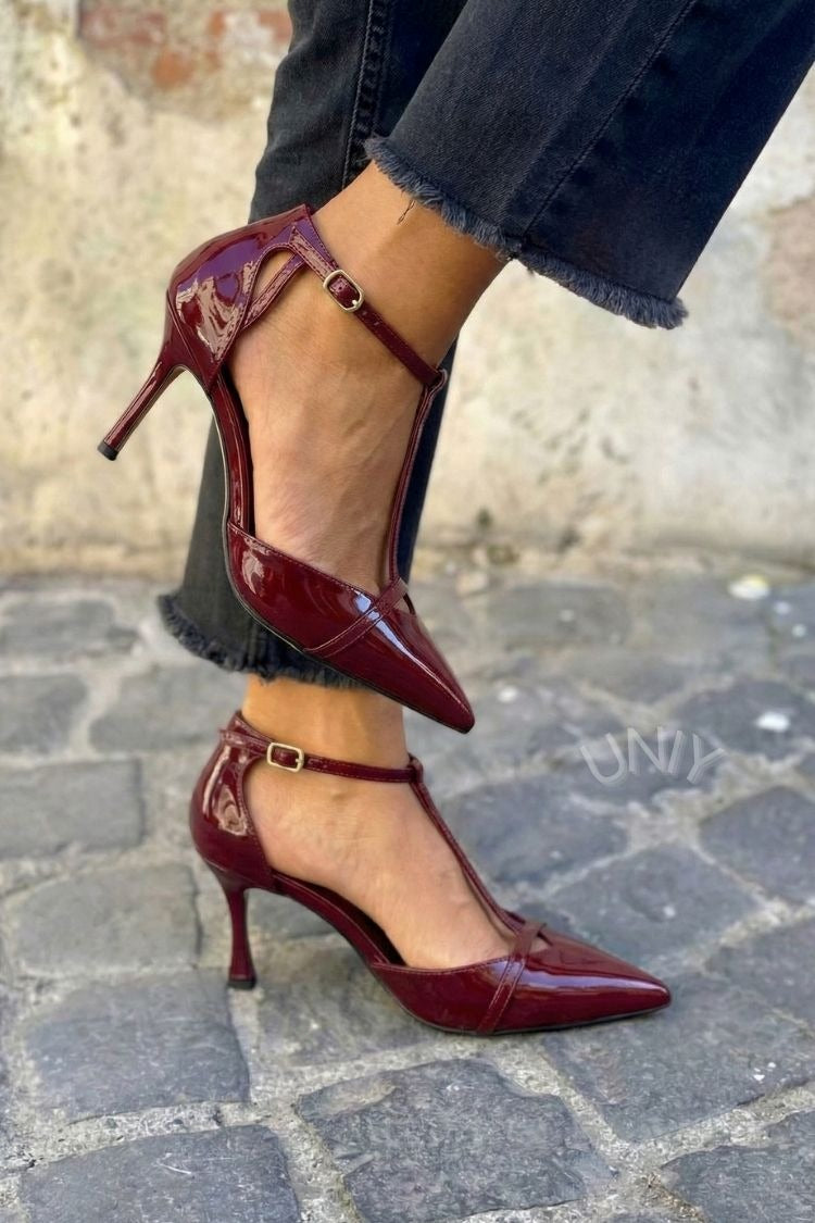 Elegant Burgundy Pointed Toe Cutout Ankle Strap High Heels [Pre Order]