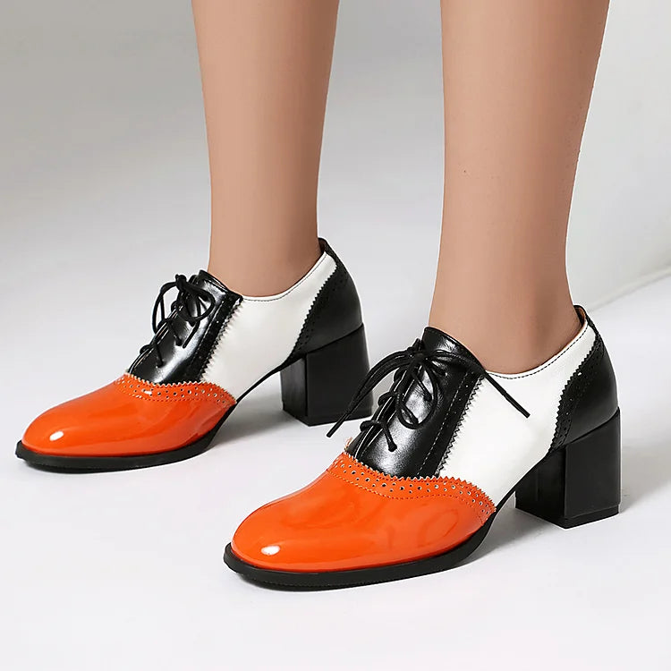 Lace Up Colorblock Round Toe Chunky Heel Brogue Oxfords