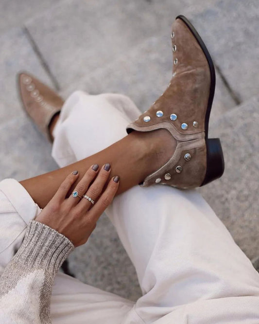 Vintage Khaki Faux Suede Rivet Decor Pointed Toe Boots [Pre Order]