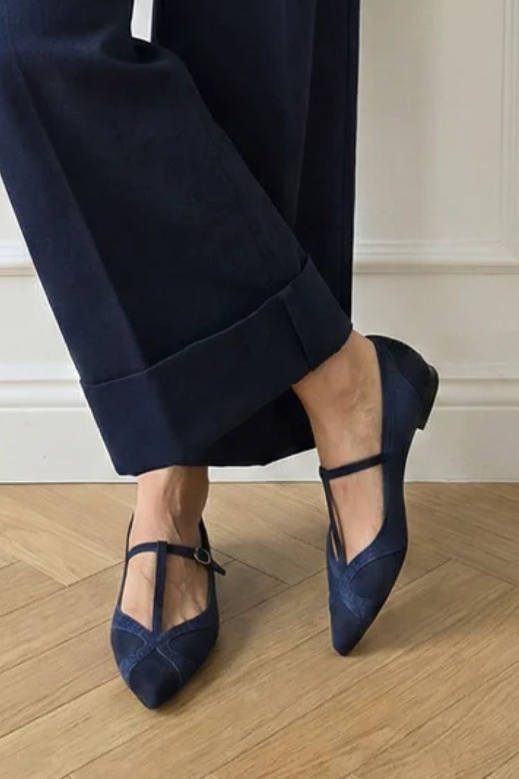 Retro Navy Blue Faux Suede Pointed Toe T-Strap Flats [Pre Order]