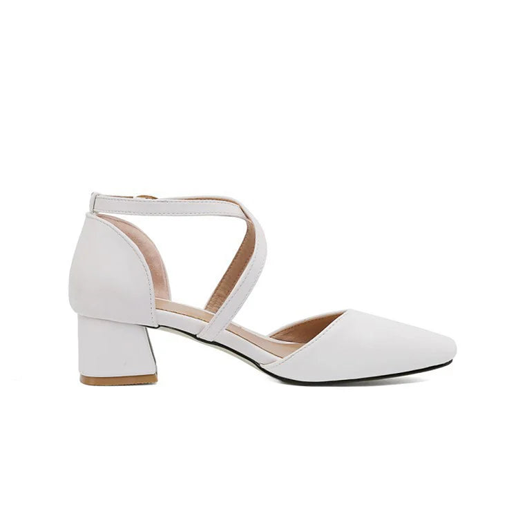 Scarpe con tacco grosso, punta quadrata, fibbia e cinturino incrociato, tinta unita