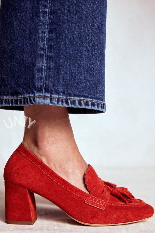 Scarpe con tacco a blocco in pelle scamosciata rossa con nappe [Pre-ordine] 