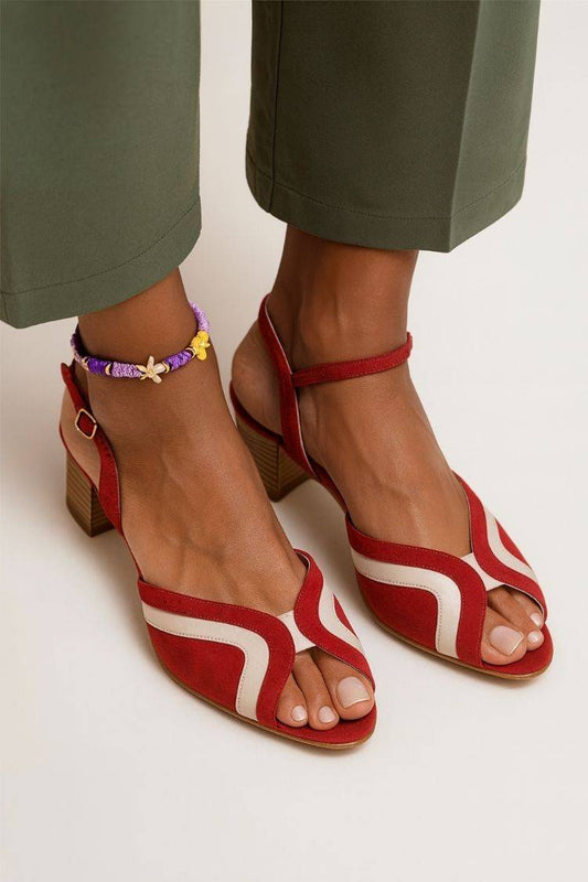 Colorblock Wellenbesatz Peeptoe Knöchelriemen Blockabsatz [Vorbestellung]