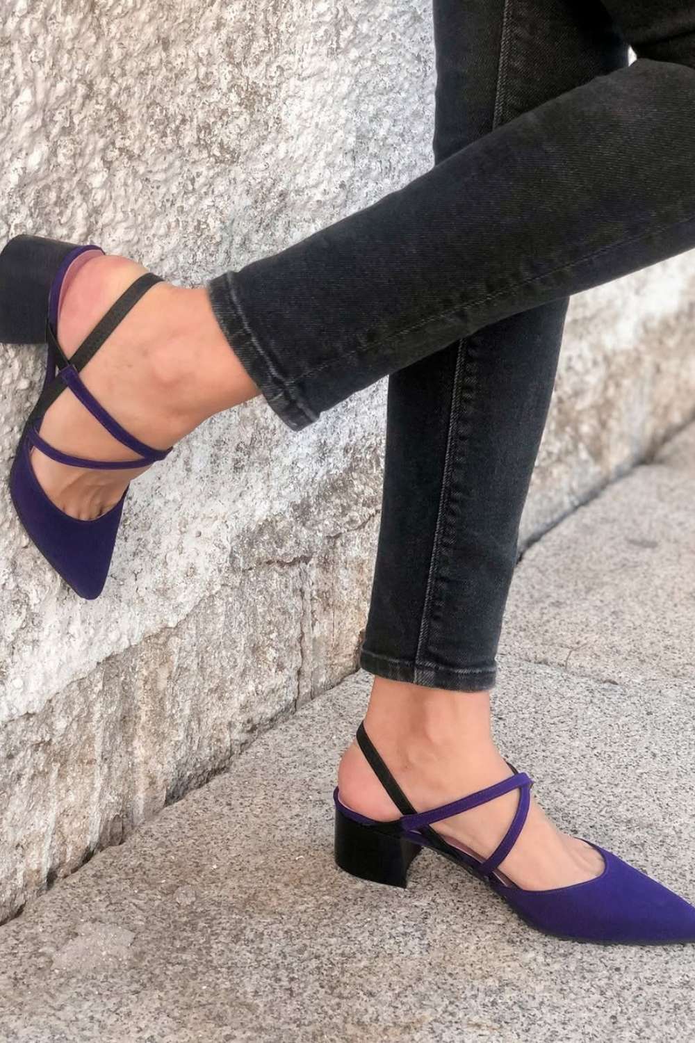 Wildleder Kreuzriemen Violett Blockabsatz Kleid Pumps [Vorbestellung]