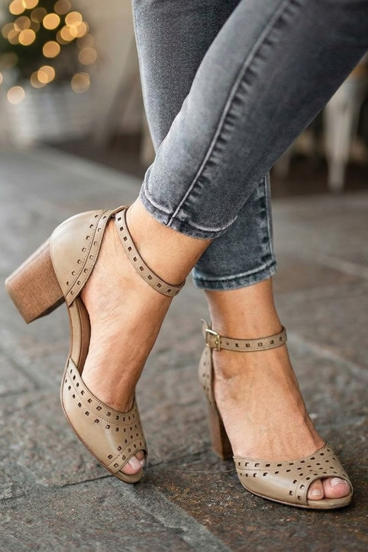Cutout Peep Toe Ankle Strap Taupe Block Heels [Pre Order]