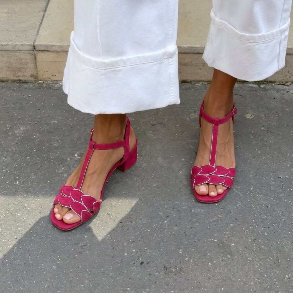 Scalloped Trim Open Toe T-Strap Magenta Block Heels [Pre Order]