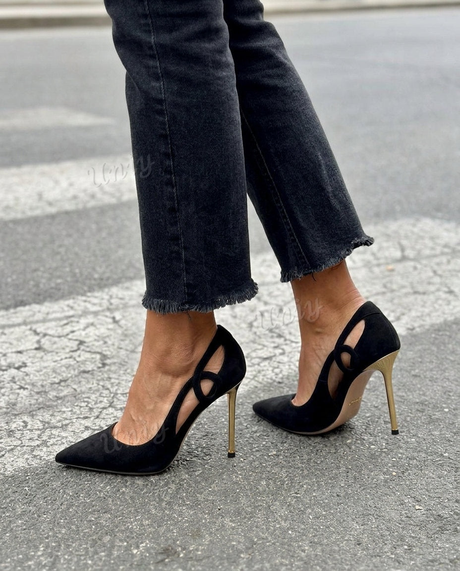 Suede Cutout Pointed Toe Stiletto High Heel Pumps [Pre Order]