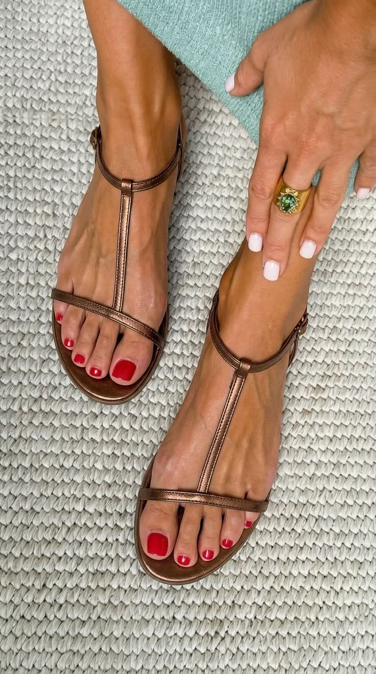 Minimalistische Metallic-Sommer-Sandalen mit T-Riemen und flachem Absatz
