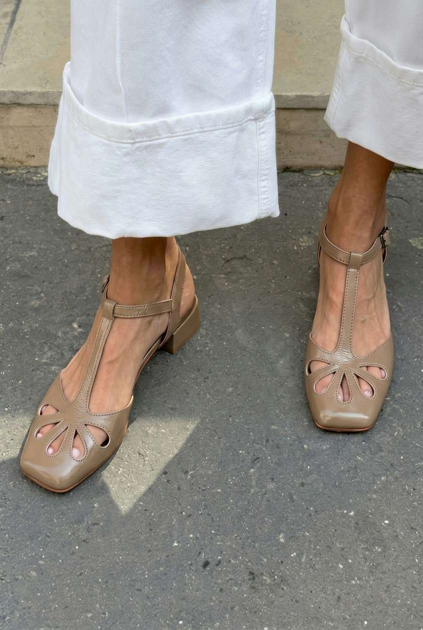 Floral Cutout Square Toe T-Strap Orange Block Heels